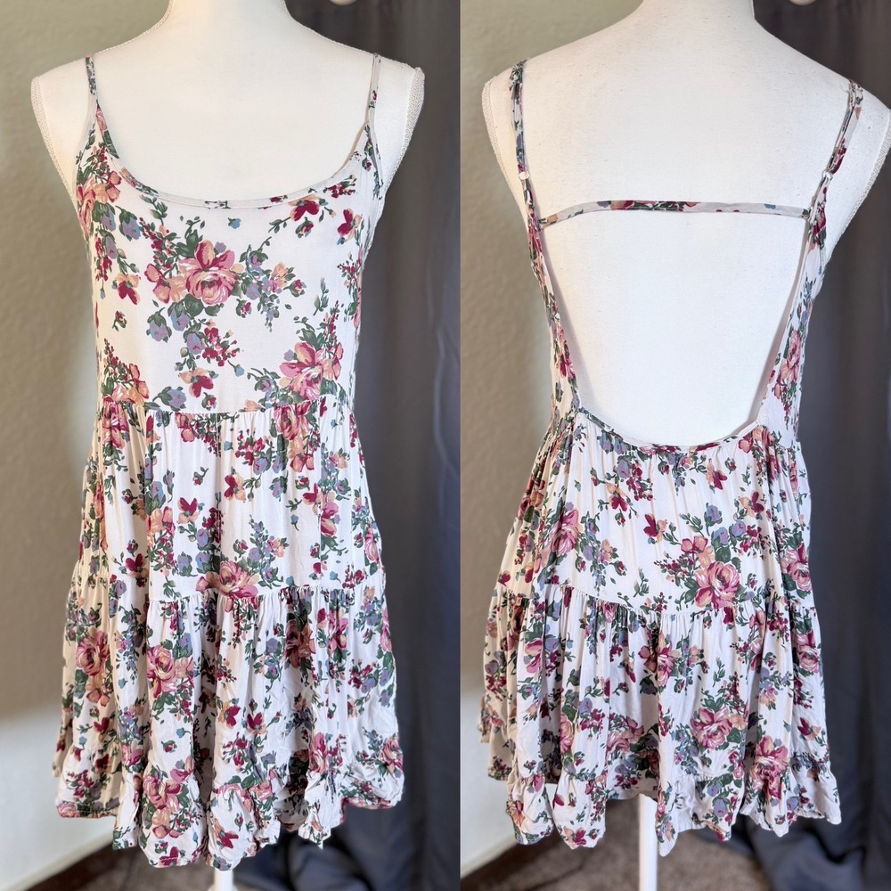 Brandy Melville Floral Mini Dress Small Cream Pink Rose Open Back Tiered - Picture 2 of 6